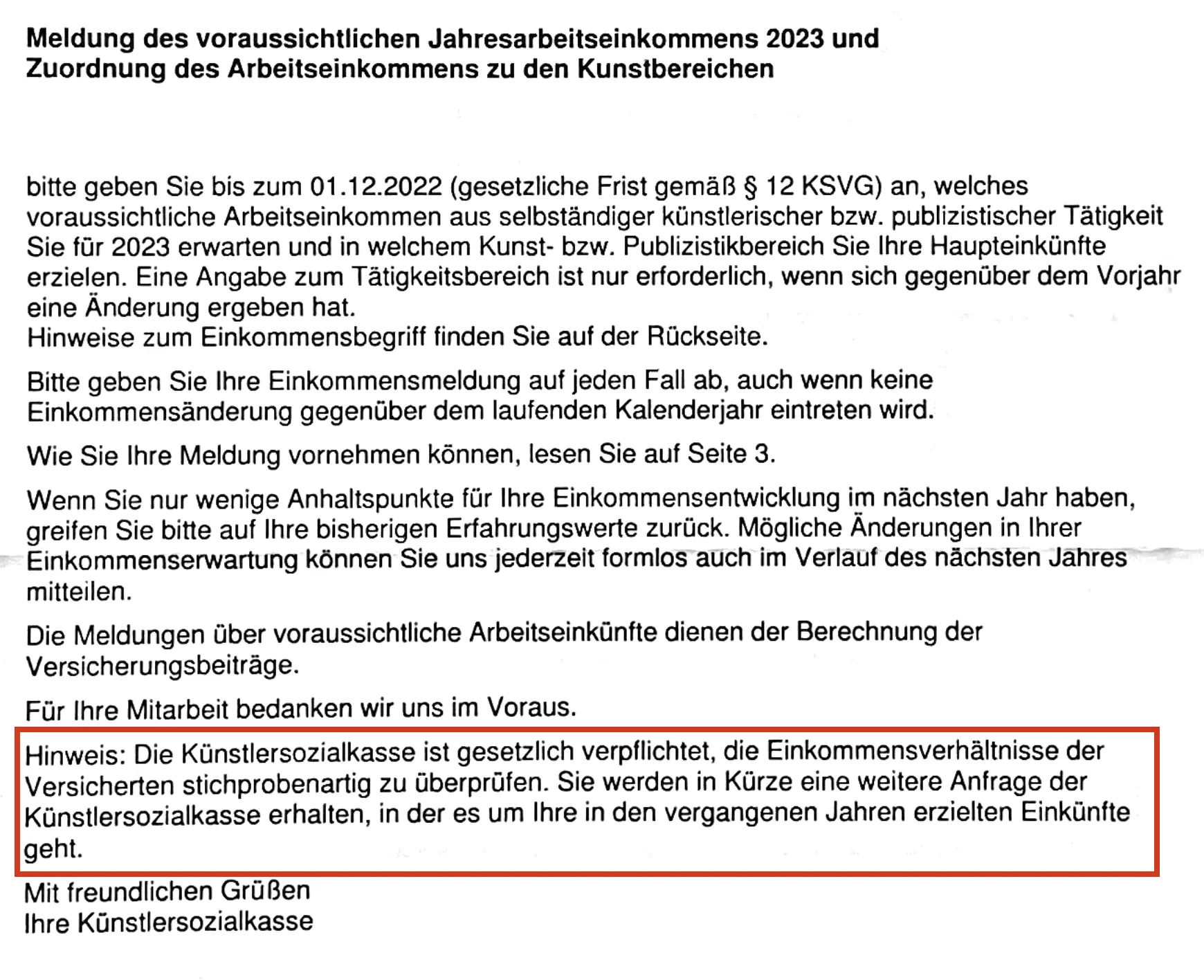 Hinweis der Künstlersozialkasse auf die stichprobenartige KSK-Einkommensprüfung und die Überprüfung der Einkommensverhältnisse von Künstlern und Publizisten.